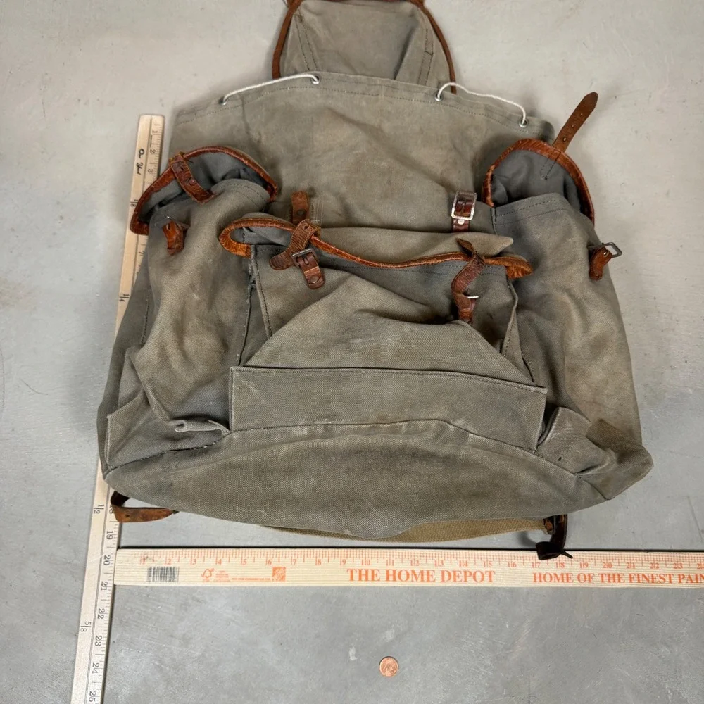 Vintage 50s Military Canvas Rucksack Leather Trim Backpack Olive Drab Norway